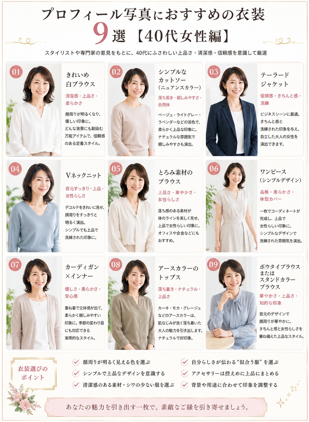 プロフィール写真におすすめの衣装9選【40代女性編】
