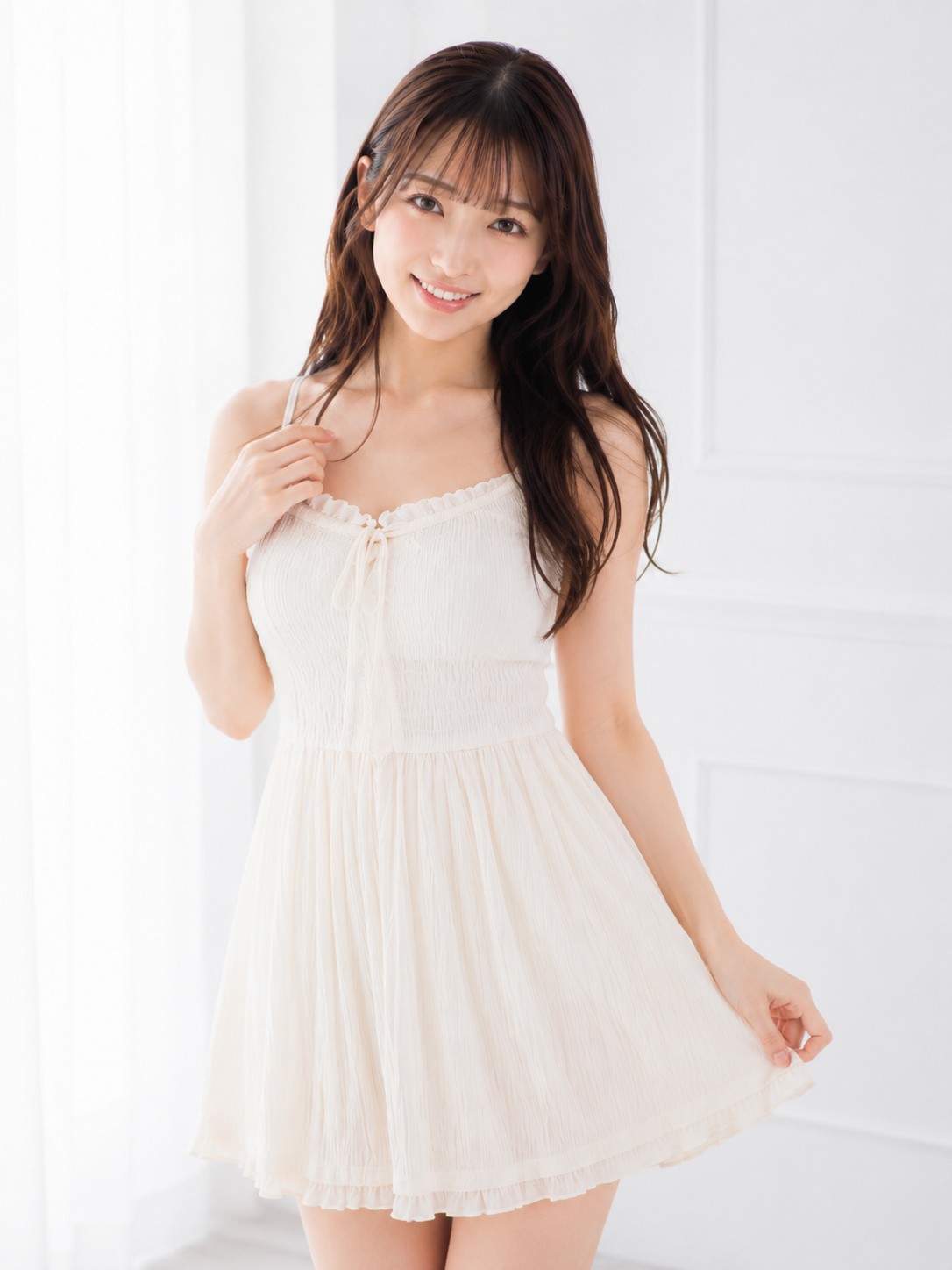 服の衿元をつまむ手元の撮影例